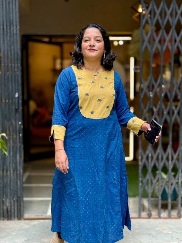 Indigo Bloom Kurti with Mustard Yoke Ipitara buy online bhopal madhypradesh india (3)