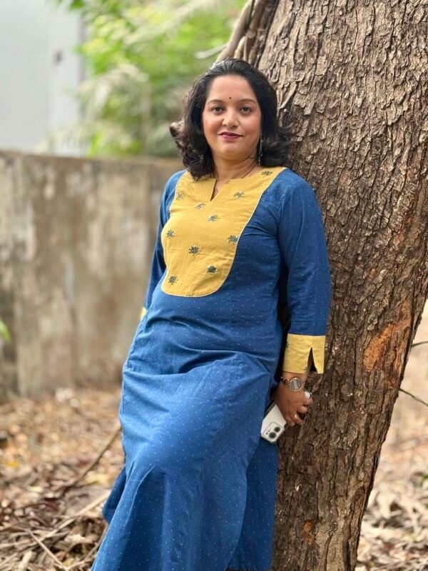 Indigo Bloom Kurti with Mustard Yoke Ipitara buy online bhopal madhypradesh india (3)