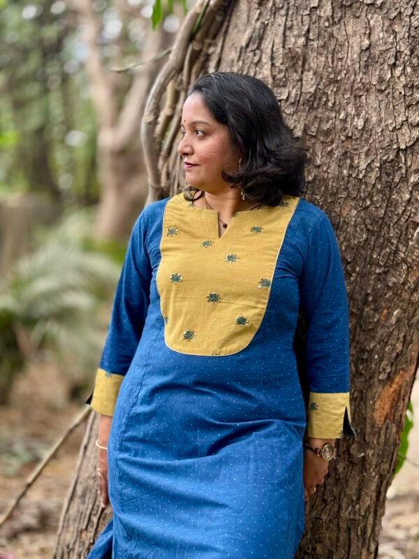 Indigo Bloom Kurti with Mustard Yoke Ipitara buy online bhopal madhypradesh india (3)