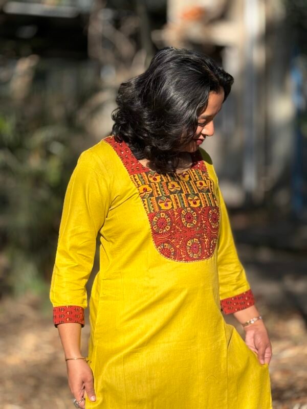 Yellow Ajrak A-line Kurti Ipitara product buy online madhya pradesh bhopal india