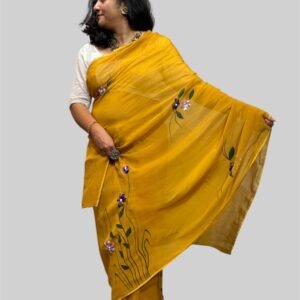 Golden Curry Mustard Ribbon Work Soft Organza Saree